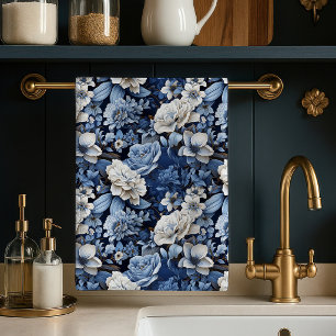 Torchon de cuisine de luxe floral ivoire bleu élég