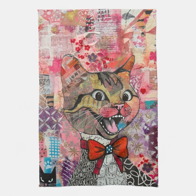 Torchon de cuisine en collage de papier mixte chat (Vertical)