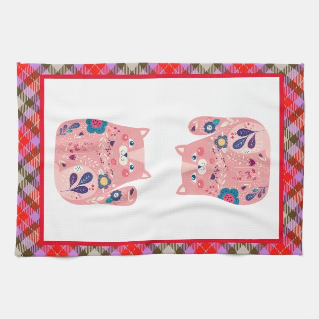 Torchon de cuisine en folk art rose Kitty (Horizontal)