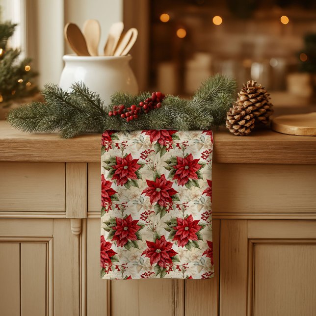 Torchon de cuisine Fleurs de Noël Classiques Décor (Classic Christmas Flowers Towel Cozy Rustic Decor)