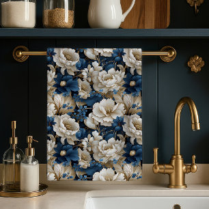 Torchon de cuisine floral bleu blanc ivoire opulen