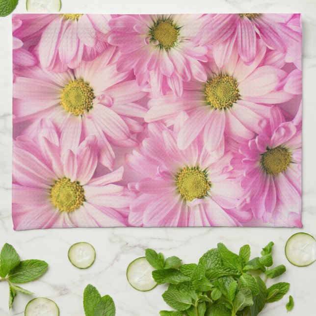 Torchon de cuisine - Gerbera marguerites roses (Plié)