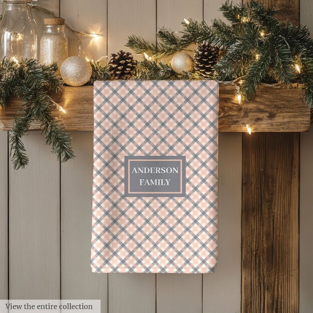 Torchon de cuisine gris corail classique nom perso (Coral Grey Kitchen Towel Classic Custom Name Look)