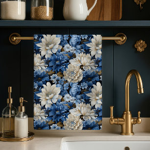 Torchon de cuisine luxueux floral bleu ivoire blan