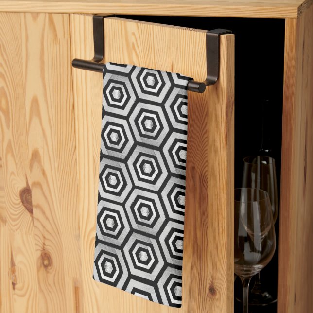 Torchon de cuisine noir blanc hexagone géométrique (Pliage en tiers)