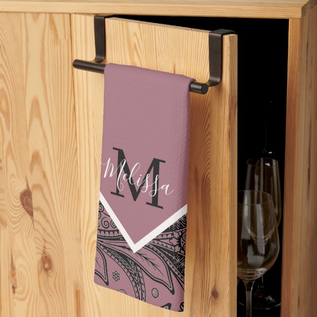 Torchon de cuisine paisley noir et or rose (Pliage en tiers)