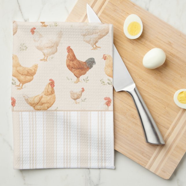Torchons de cuisine aux poules pâturant (Quart Plié)