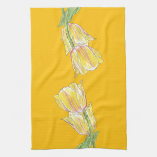 Torchons de cuisine aux tulipes jaunes sur fond do