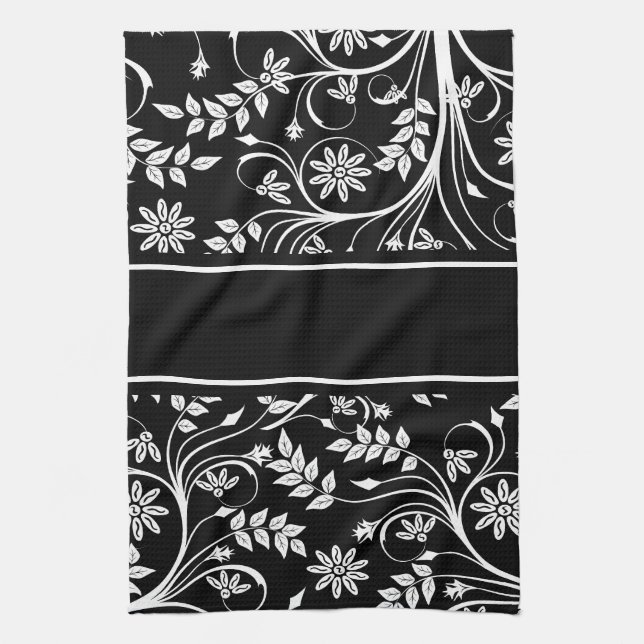 Torchons de cuisine floraux en damas (2) Gris Noir (Vertical)