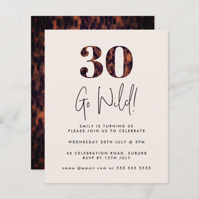 Tortoiseshell 30th Birthday Budget Paper Invitatio (Devant / Derrière)