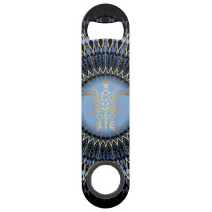 Tortue de mandala noir bleu or côtier