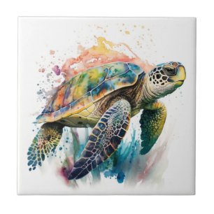 Tortue de mer, aquarelle, carreau de céramique