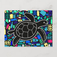 Tortue de mer avec carte postale de pollution plas