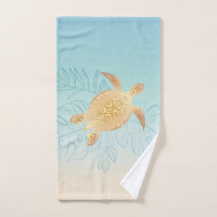 Tortue de mer dorée feuilles tropicales