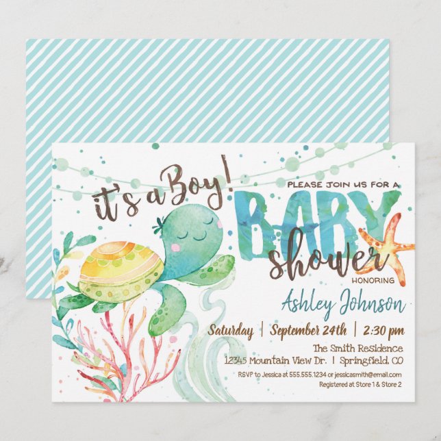 Tortue de mer, invitation Baby shower de mer, Garç (Devant / Derrière)