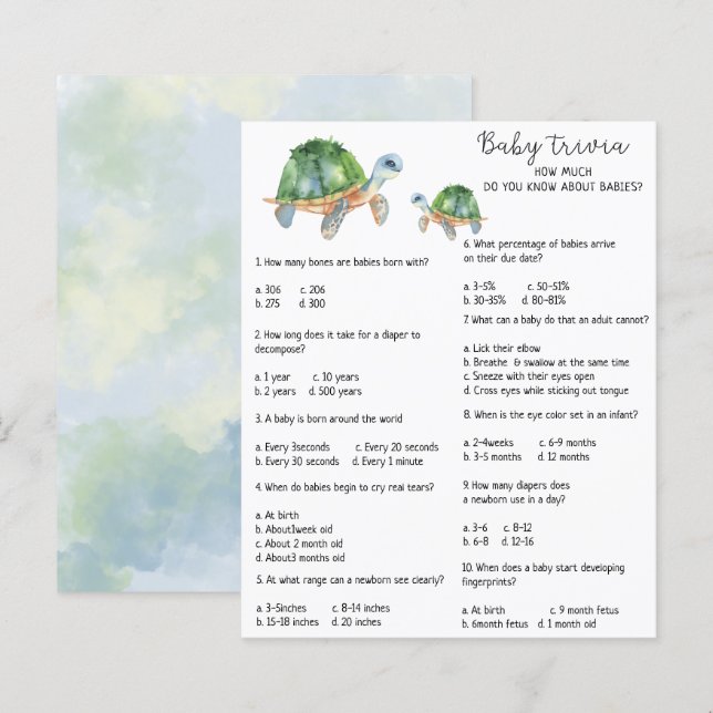Tortue de mer - Trivia de bébé | Jeu Baby shower (Devant / Derrière)