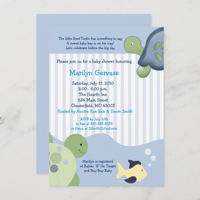 Tortue de récif (4x6) Invitation Baby shower garço (Devant / Derrière)