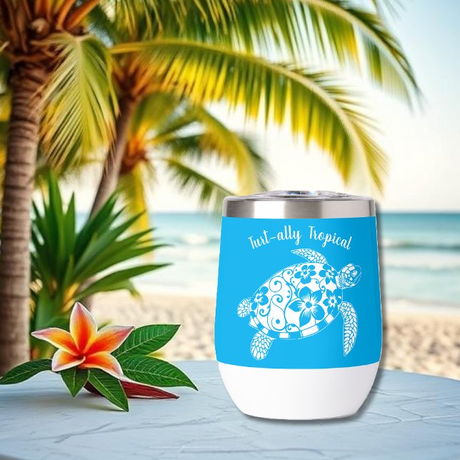 Tortue hawaïenne - Pêcheur esthétique - Bleu clair (Hawaiian Turtle-Tropical Flowers, Elegant Tribals, summer, beach, fisherman aesthetic, wine tumbler)