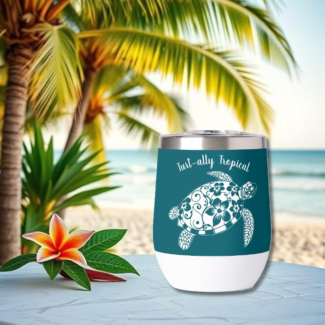 Tortue hawaïenne - Pêcheur Esthétique Turquoise (Hawaiian Turtle-Tropical Flowers, Elegant Tribals, summer, beach, fisherman aesthetic, wine tumbler)