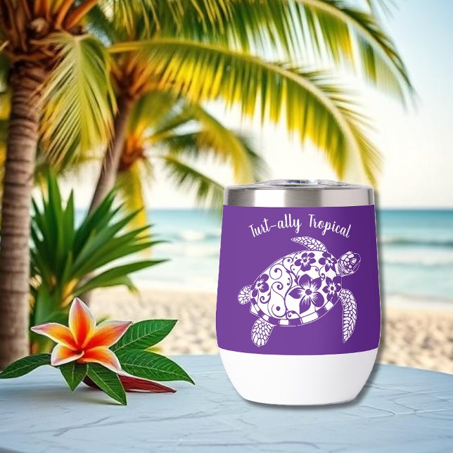 Tortue hawaïenne pêcheur esthétique-violet (Hawaiian Turtle-Tropical Flowers, Elegant Tribals, summer, beach, fisherman aesthetic, wine tumbler)