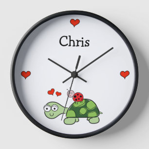 Tortue mignonne Ladybug et Coeurs Horloge murale