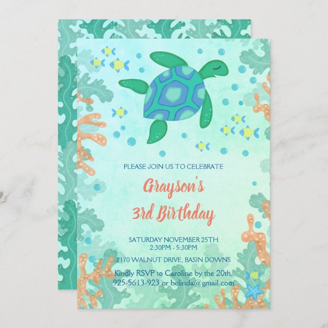 Tortue sous la mer Invitations d'anniversaire (Devant / Derrière)