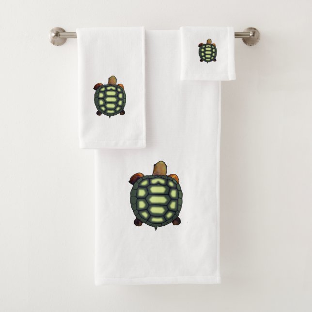 Tortue verte sur serviette de bain blanche (En situation)