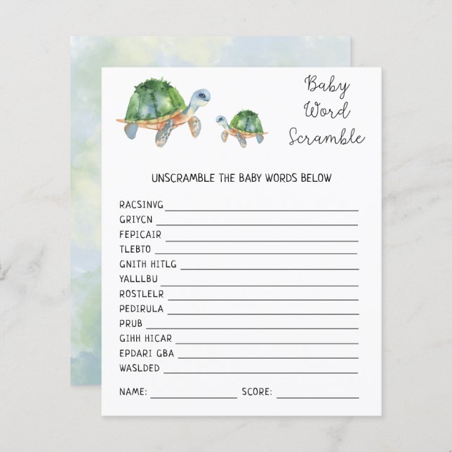 Tortues - Bébé Mot Scramble | Jeu Baby shower (Devant / Derrière)