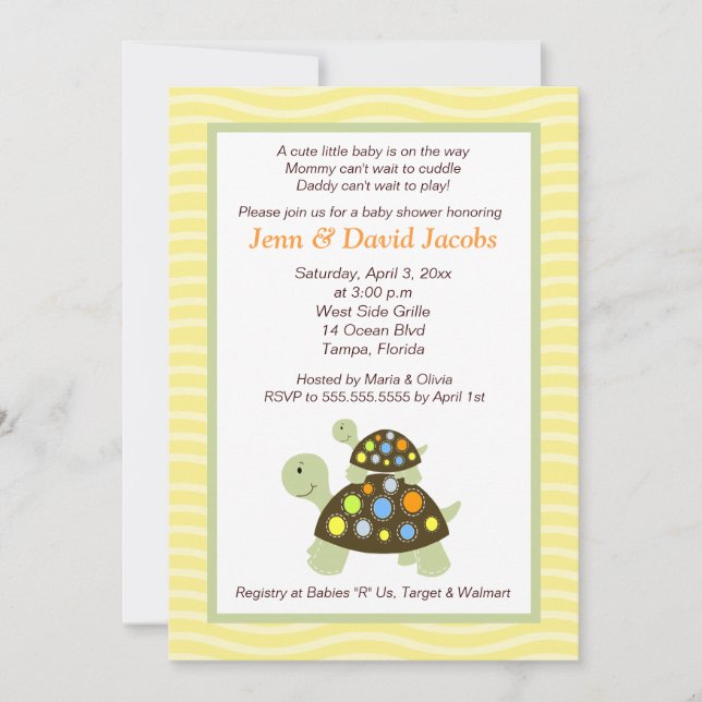 Tortues colorées 5x7 Invitation Baby shower - Jaun (Devant)