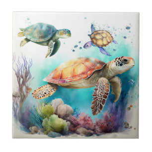 Tortues de mer, aquarelle, carreau de céramique de