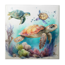 Tortues de mer, Aquarelle, Coral Reef Carreaux en 