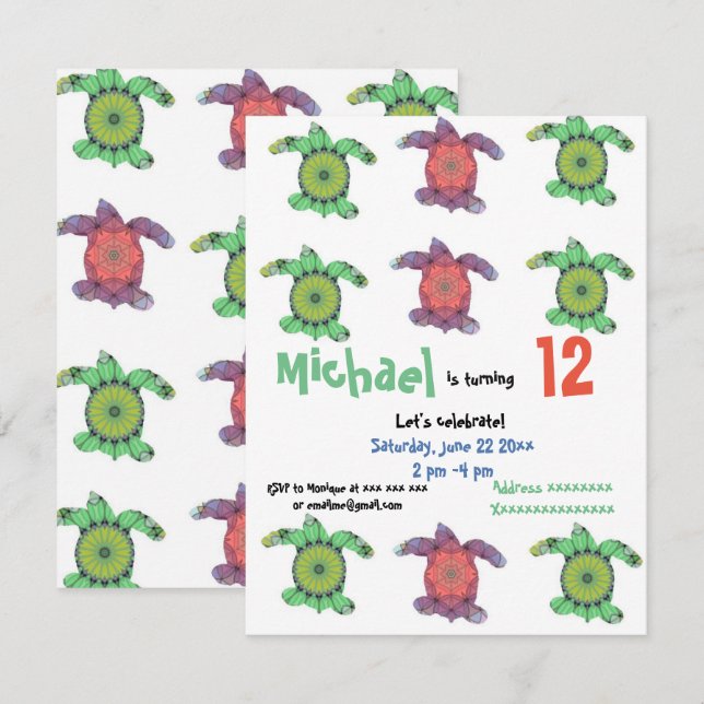 Tortues de mer, invitation à la fête d'anniversair (Devant / Derrière)