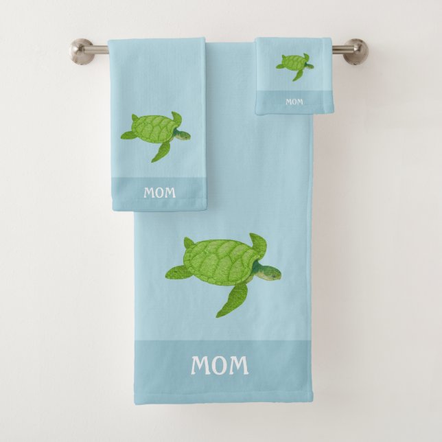 Tortues de mer sur serviettes de bain vert menthe  (En situation)