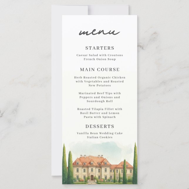 Toscane Italien Villa Chic Watercolor Menu Mariage (Devant)