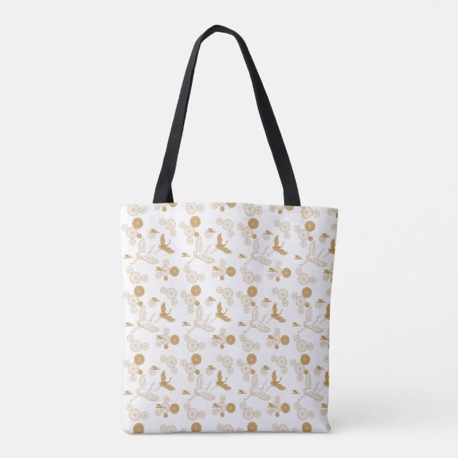 TOTE BAG 縁起の良い金色の日本の鶴模様 (Dos)