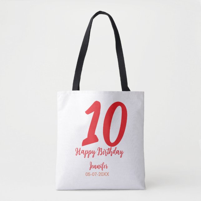 Tote Bag 10e anniversaire ajouter nom date année rouge modè (Devant)