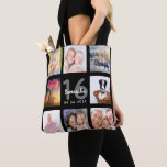 Tote Bag 16e anniversaire personnalisé photo collage fille<br><div class="desc">Un cadeau unique pour une fille de Sweet 16, 16e anniversaire, célébrant sa vie avec un collage de 8 de vos propres photos, photos. Personnalisez et ajoutez son nom, 16 ans et une date. Un arrière - plan noir chic. Lettres et chiffres gris et blancs. Le nom est écrit avec...</div>