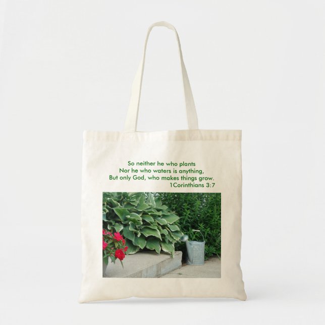 Tote Bag 1 3:7 de Corinthiens, boîte d'arrosage et plantes, (Devant)