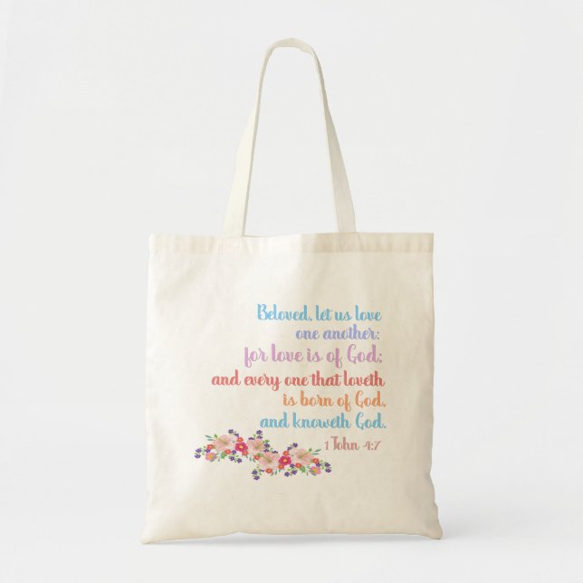 Tote Bag 1 Jean 4:7 Verset biblique Texte arc-en-ciel (Devant)