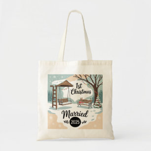 Tote Bag 1er Noël Mariés 2025 Scène hivernale rustique