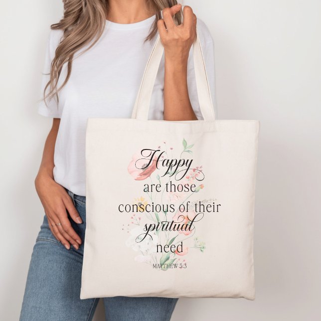 Tote Bag 2026 JW Année Texte Matthieu 5:3 avec Fleurs de Pr (Créateur téléchargé)