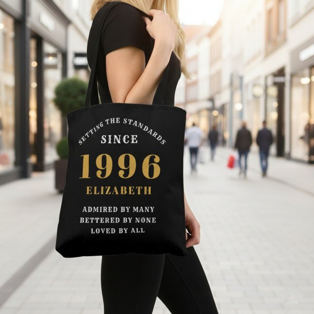 Tote Bag 30th Birthday 1996 Black Gold For Her Personalized (Born 1996 birthday tote bag. Background out of focus.)