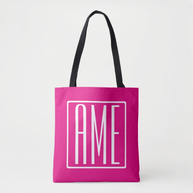 Tote Bag 3 Initiales Monogramme | Blanc sur rose chaud (Devant)