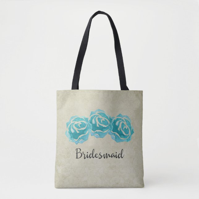 Tote Bag 3 Roses Turquoises d'aquarelle sur Tan Damask Brid (Devant)