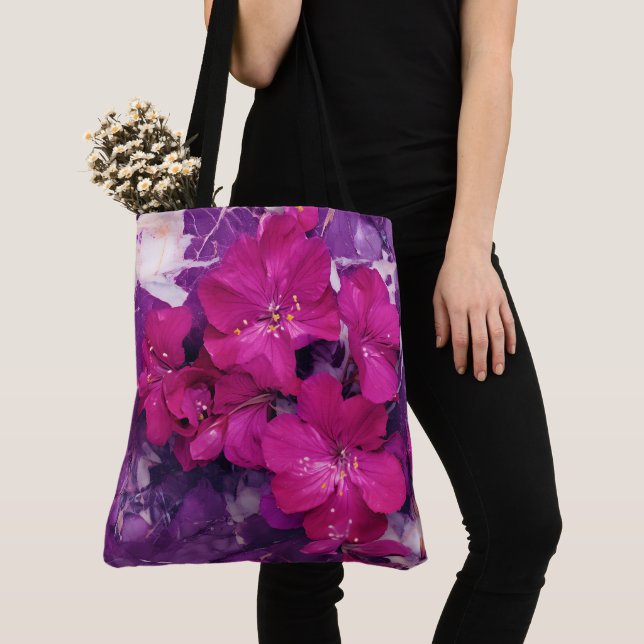 Tote Bag 3D Floral Fuchsia & Purple Marble Art  (De près)
