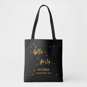 Tote Bag 40e anniversaire noir or bonjour 40 nom script