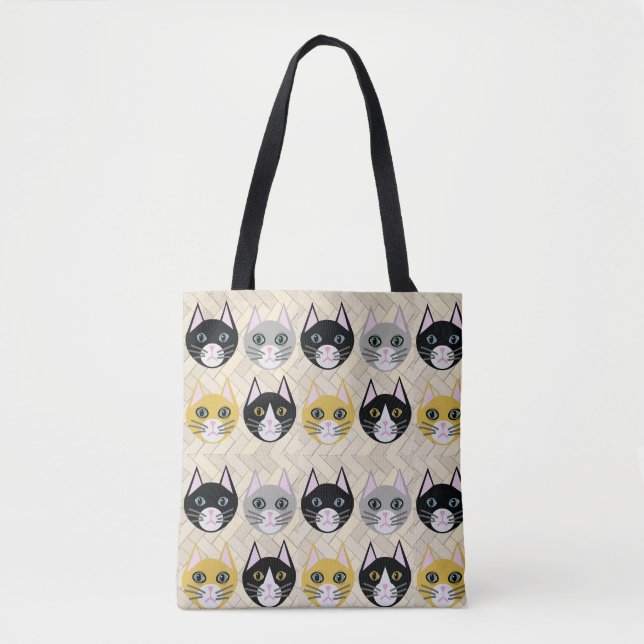 Tote Bag 4 Chats, Herringbone Beige (Devant)