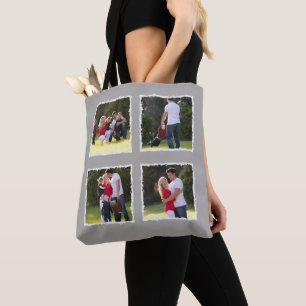 Tote Bag 4 Photo Collage Ajouter Nom de famille Gris