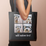 Tote Bag 4 Photo Collage Grille noire et écriture moderne b<br><div class="desc">Utilisez quatre photos carrés pour créer un cadeau unique et personnel. Pour obtenir de meilleurs résultats, recadrez vos photos en carré avant de les télécharger. Ou vous pouvez garder le chiot hipster et faire un gardien branché. Si vous avez besoin d'ajuster les images, cliquez sur l'outil personnaliser pour apporter des...</div>