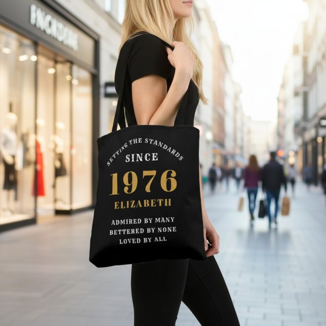 Tote Bag 50th Birthday 1976 Black Gold For Her Personalized (Born 1976 birthday tote bag. Background out of focus.)